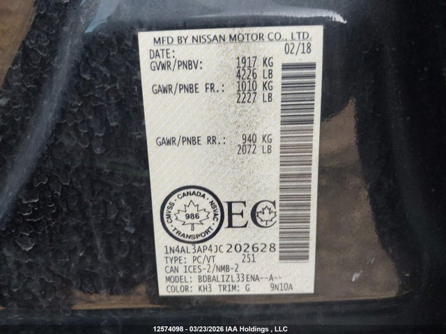 Aukcja sprzedaży 2018 Nissan Altima 2.5 S/2.5 Sl Tech/2.5 Sv, vin: 1N4AL3AP4JC202628, numer aukcji: 12574098
