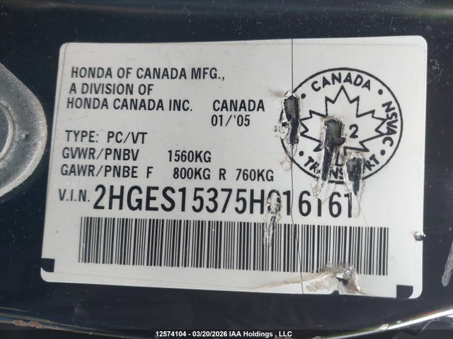 Aukcja sprzedaży 2005 Honda Civic Se, vin: 2HGES15375H016161, numer aukcji: 12574104