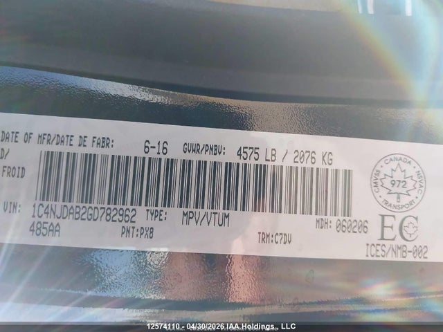 Aukcja sprzedaży 2016 Jeep Compass Sport/north, vin: 1C4NJDAB2GD782962, numer aukcji: 12574110