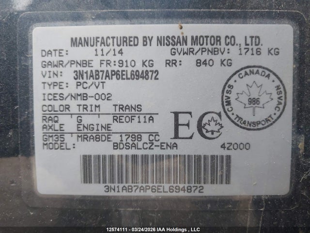 Продажа на аукционе авто 2014 Nissan Sentra 1.8 S/1.8 Sl/1.8 Sr/1.8 Sv, vin: 3N1AB7AP6EL694872, номер лота: 12574111