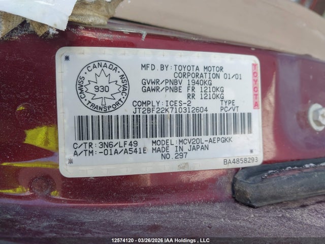 12574120 :رقم المزاد ، JT2BF22K710312604 vin ، 2001 Toyota Camry Ce/le/xle مزاد بيع
