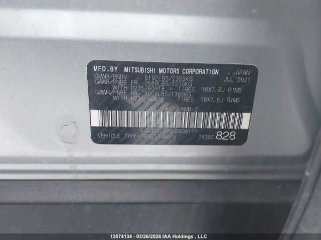 12574134 :رقم المزاد ، JA4J4UA86NZ608171 vin ، 2022 Mitsubishi Outlander Le/le Premium/se/sel مزاد بيع