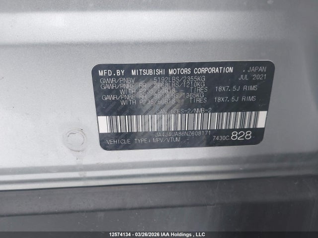 12574134 :رقم المزاد ، JA4J4UA86NZ608171 vin ، 2022 Mitsubishi Outlander Le/le Premium/se/sel مزاد بيع