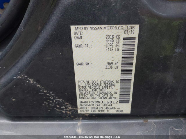 12574138 :رقم المزاد ، 1N4BL4CW2KN316812 vin ، 2019 Nissan Altima 2.5 Sr مزاد بيع