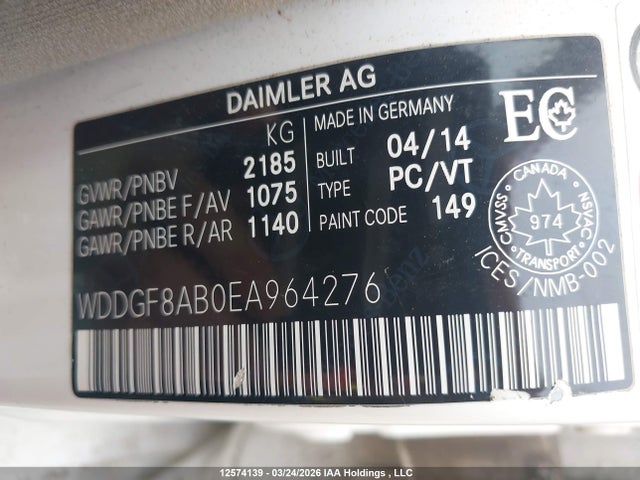 12574139 :رقم المزاد ، WDDGF8AB0EA964276 vin ، 2014 Mercedes-benz C 300 4matic مزاد بيع