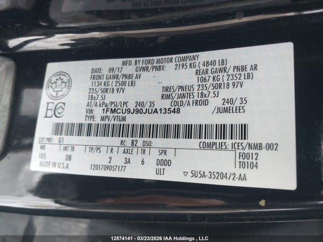2018 Ford Escape მანქანა იყიდება აუქციონზე, vin: 1FMCU9J90JUA13548, აუქციონის ნომერი: 12574141