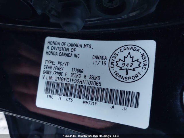 Продаж на аукціоні авто 2017 Honda Civic Touring, vin: 2HGFC1F92HH102065, номер лоту: 12574144