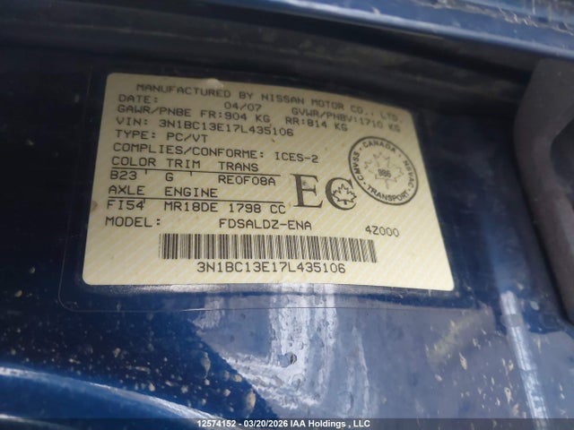 2007 Nissan Versa 1.8sl მანქანა იყიდება აუქციონზე, vin: 3N1BC13E17L435106, აუქციონის ნომერი: 12574152