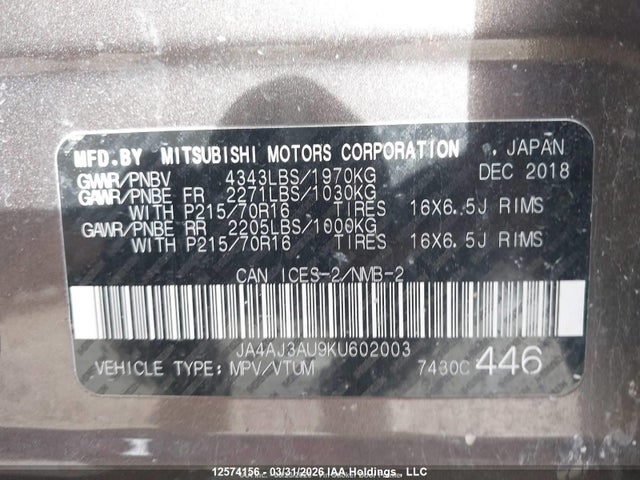 Aukcja sprzedaży 2019 Mitsubishi Rvr, vin: JA4AJ3AU9KU602003, numer aukcji: 12574156