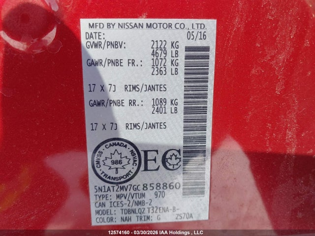 5N1AT2MV7GC858860 Nissan Rogue S/sl/sv