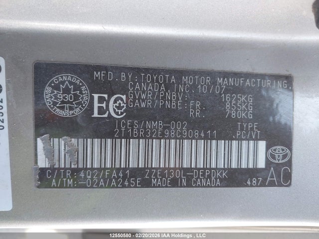 Продажа на аукционе авто 2008 Toyota Corolla Ce/le/s, vin: 2T1BR32E98C908411, номер лота: 12550580