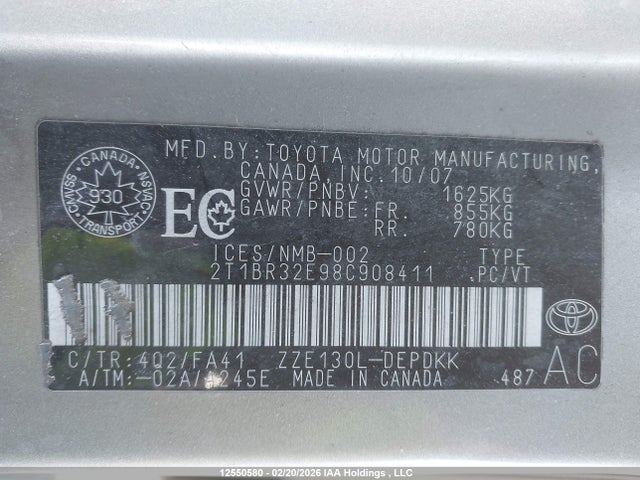 Продажа на аукционе авто 2008 Toyota Corolla Ce/le/s, vin: 2T1BR32E98C908411, номер лота: 12550580