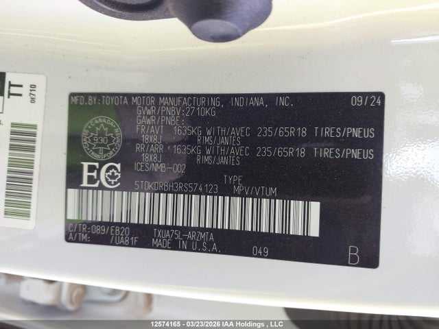 5TDKDRBH3RS574123 Toyota Highlander Le/xle/xse/limited/platinum