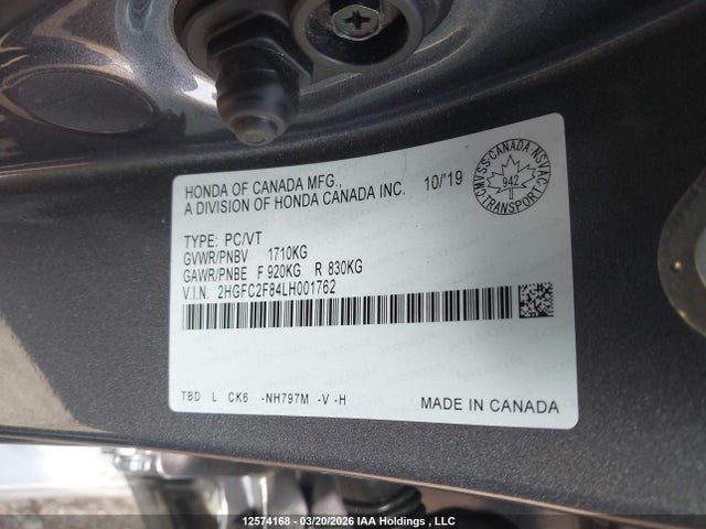 2020 Honda Civic Sport მანქანა იყიდება აუქციონზე, vin: 2HGFC2F84LH001762, აუქციონის ნომერი: 12574168