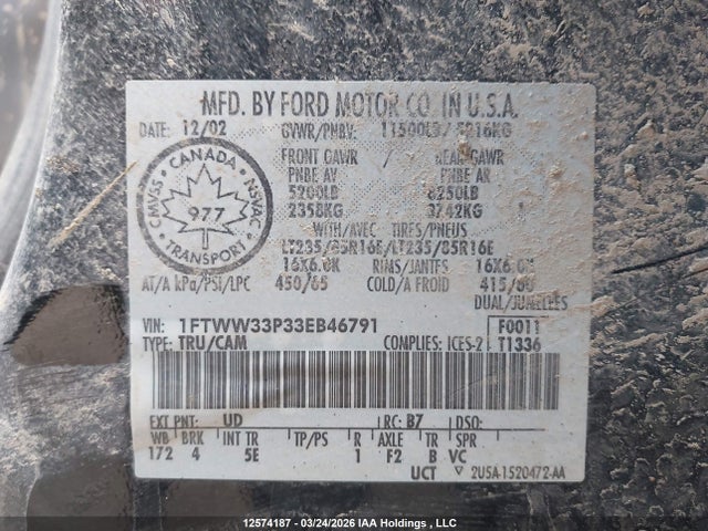 Продаж на аукціоні авто 2003 Ford F350 Super Duty, vin: 1FTWW33P33EB46791, номер лоту: 12574187