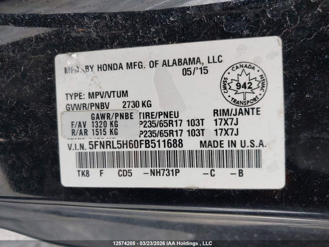 Aukcja sprzedaży 2015 Honda Odyssey Ex-l, vin: 5FNRL5H60FB511688, numer aukcji: 12574205