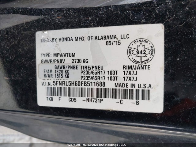 Aukcja sprzedaży 2015 Honda Odyssey Ex-l, vin: 5FNRL5H60FB511688, numer aukcji: 12574205