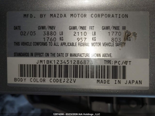 Aukcja sprzedaży 2005 Mazda 3 S, vin: JM1BK123451286873, numer aukcji: 12574208