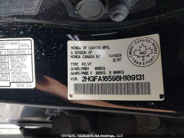 Aukcja sprzedaży 2008 Honda Civic Lx, vin: 2HGFA16598H109131, numer aukcji: 12574210