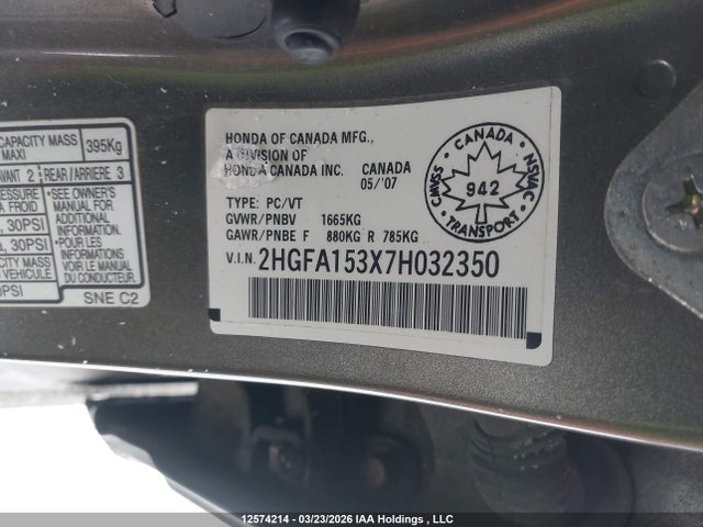 Aukcja sprzedaży 2007 Honda Civic Dx-g, vin: 2HGFA153X7H032350, numer aukcji: 12574214