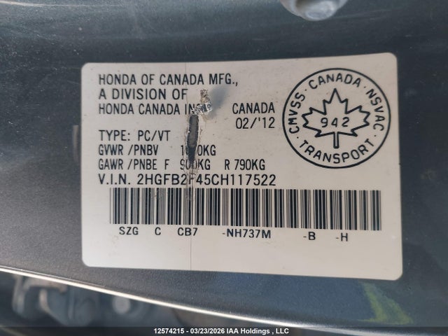 Aukcja sprzedaży 2012 Honda Civic Lx, vin: 2HGFB2F45CH117522, numer aukcji: 12574215