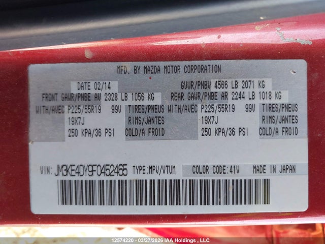 12574220 :رقم المزاد ، JM3KE4DY9F0452465 vin ، 2015 Mazda Cx -5 Gt 4dr Awd مزاد بيع