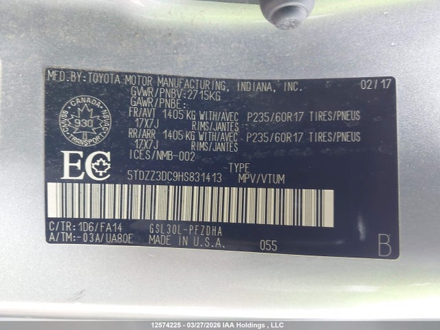 Aukcja sprzedaży 2017 Toyota Sienna 7 Passenger, vin: 5TDZZ3DC9HS831413, numer aukcji: 12574225