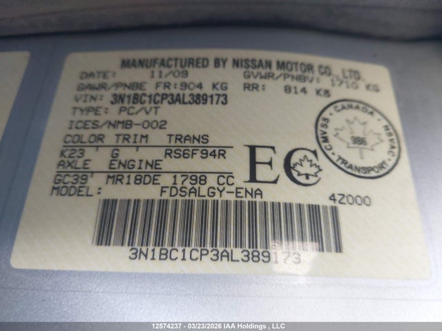 2010 Nissan Versa 1.8s მანქანა იყიდება აუქციონზე, vin: 3N1BC1CP3AL389173, აუქციონის ნომერი: 12574237