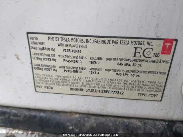 12574243 :رقم المزاد ، 5YJSA1H26FFP77312 vin ، 2015 Tesla Model S 85d مزاد بيع