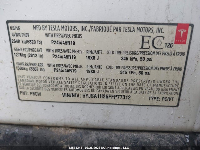 12574243 :رقم المزاد ، 5YJSA1H26FFP77312 vin ، 2015 Tesla Model S 85d مزاد بيع