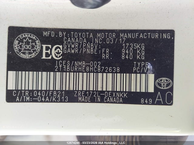 12574245 :رقم المزاد ، 2T1BURHE8HC872638 vin ، 2017 Toyota Corolla L/le/xle/se/xse مزاد بيع