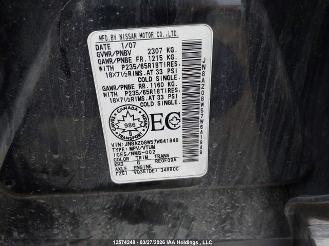 Продажа на аукционе авто 2007 Nissan Murano Sl/se/s, vin: JN8AZ08W57W641949, номер лота: 12574248