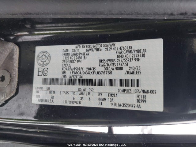 Продажа на аукционе авто 2015 Ford Escape Se, vin: 1FMCU9GXXFUB75765, номер лота: 12574259