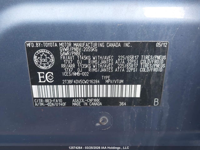 12574264 :رقم المزاد ، 2T3BF4DV5CW216284 vin ، 2012 Toyota Rav4 مزاد بيع