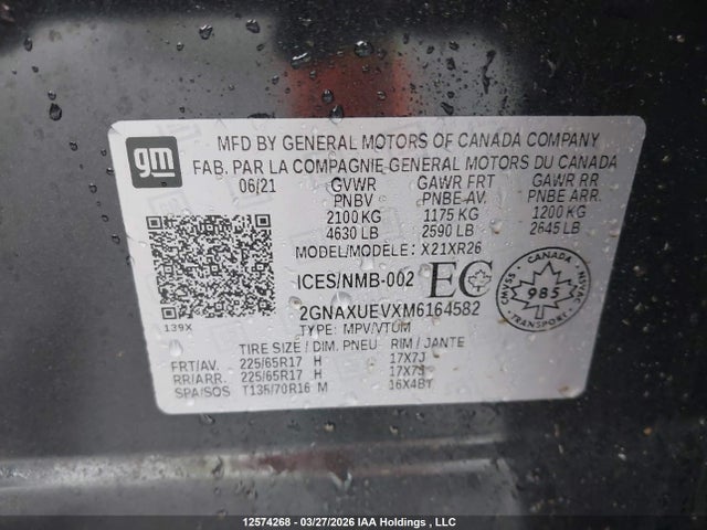 Aukcja sprzedaży 2021 Chevrolet Equinox Lt, vin: 2GNAXUEVXM6164582, numer aukcji: 12574268