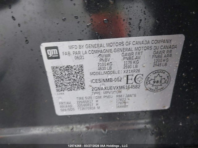 Aukcja sprzedaży 2021 Chevrolet Equinox Lt, vin: 2GNAXUEVXM6164582, numer aukcji: 12574268