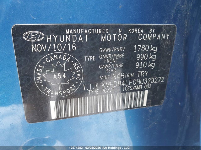 KMHD84LF0HU323272 Hyundai ELANTRA GL