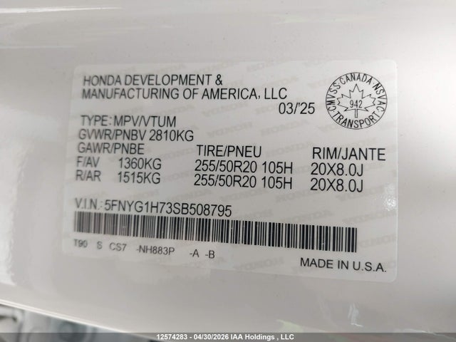 Продаж на аукціоні авто 2025 Honda Pilot Touring, vin: 5FNYG1H73SB508795, номер лоту: 12574283