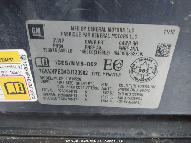 12574285 :رقم المزاد ، 1GKKVPED4DJ130902 vin ، 2013 Gmc Acadia Sle2 مزاد بيع