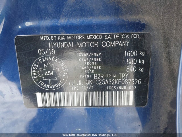 12574310 :رقم المزاد ، 3KPC25A32KE087326 vin ، 2019 Hyundai Accent Se/sel مزاد بيع