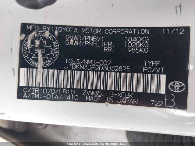 12574313 :رقم المزاد ، JTDKN3DP2D3032875 vin ، 2013 Toyota Prius Plug-in مزاد بيع