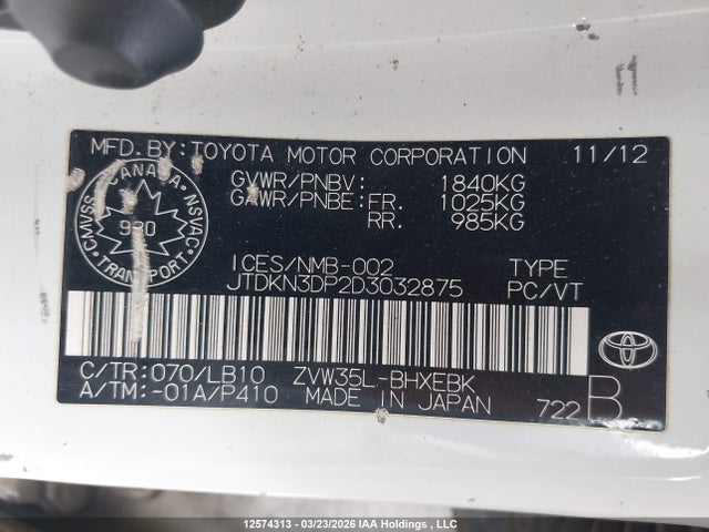 12574313 :رقم المزاد ، JTDKN3DP2D3032875 vin ، 2013 Toyota Prius Plug-in مزاد بيع