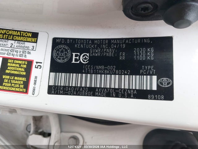 4T1B11HK8KU780242 Toyota CAMRY LE