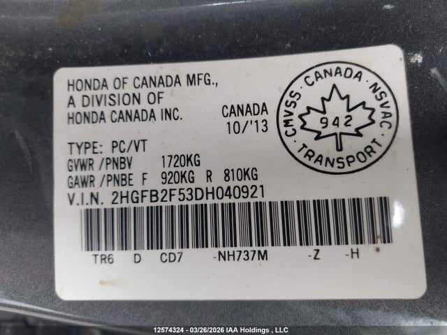 Продаж на аукціоні авто 2013 Honda Civic, vin: 2HGFB2F53DH040921, номер лоту: 12574324
