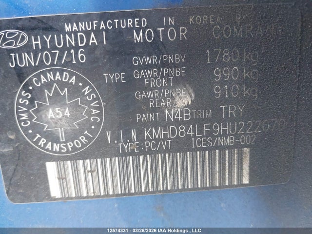 2017 Hyundai Elantra მანქანა იყიდება აუქციონზე, vin: KMHD84LF9HU222070, აუქციონის ნომერი: 12574331