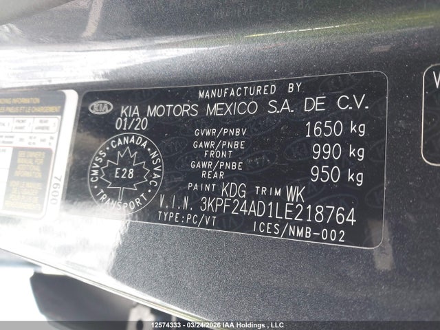 Aukcja sprzedaży 2020 Kia Forte Fe/lxs, vin: 3KPF24AD1LE218764, numer aukcji: 12574333