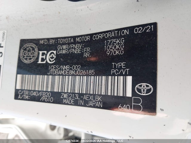 12574334 :رقم المزاد ، JTDBAMDE8MJ026185 vin ، 2021 Toyota Corolla Base W/li Battery/hybrid مزاد بيع