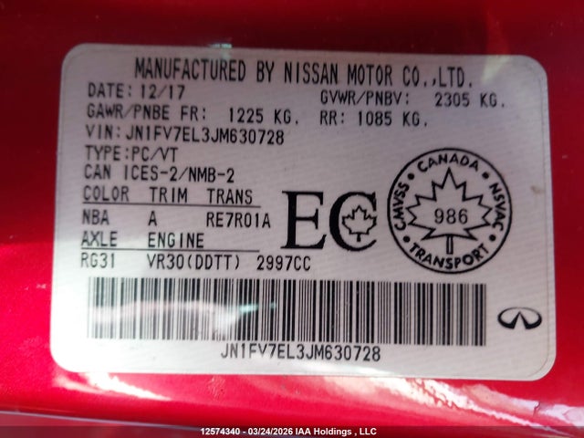 JN1FV7EL3JM630728 Infiniti Q60 Red Sport 400