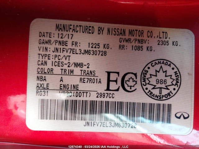 JN1FV7EL3JM630728 Infiniti Q60 Red Sport 400