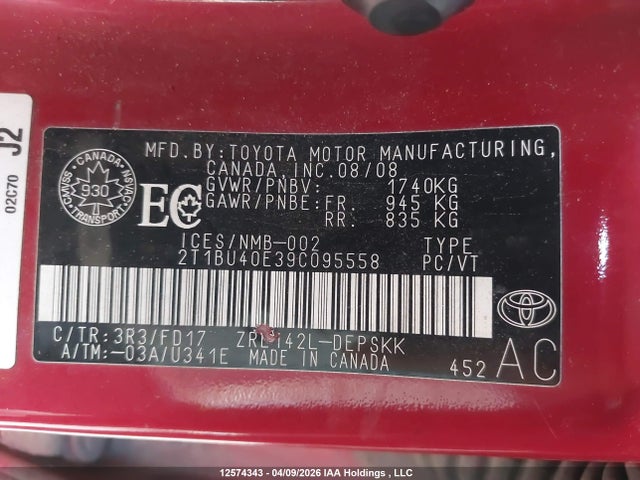 12574343 :رقم المزاد ، 2T1BU40E39C095558 vin ، 2009 Toyota Corolla S مزاد بيع